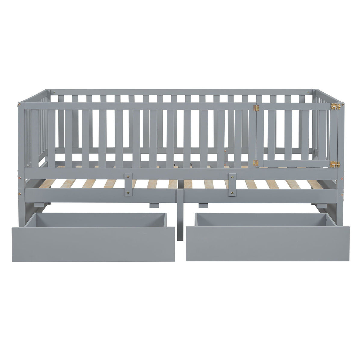 Daybed With Fence Guardrails And 2 Drawers, Split Into Independent Floor Bed & Daybed