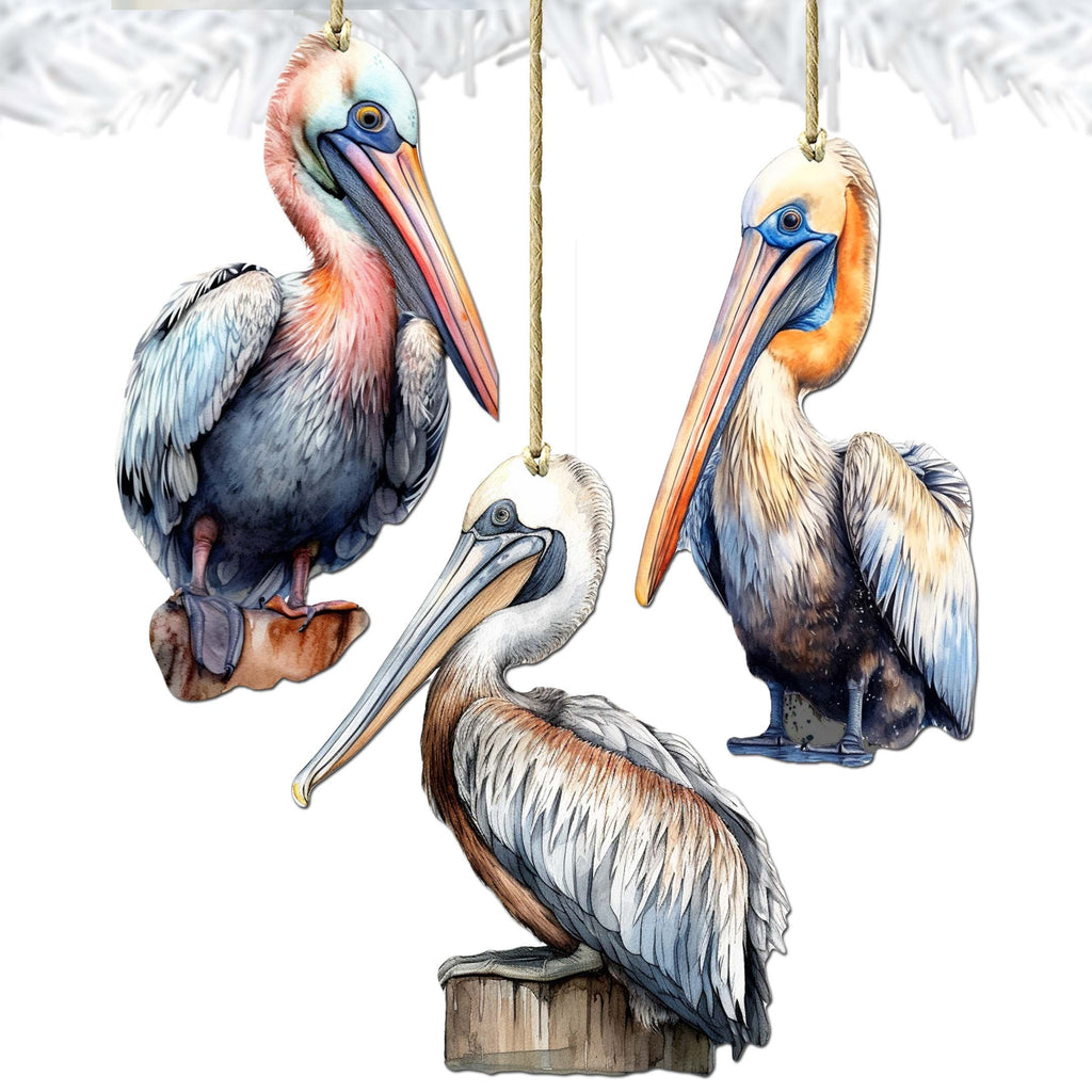Pelicans Decorative Wooden Ornaments of 3 by G. Debrekht - Coastal Decor - 8091014-S3