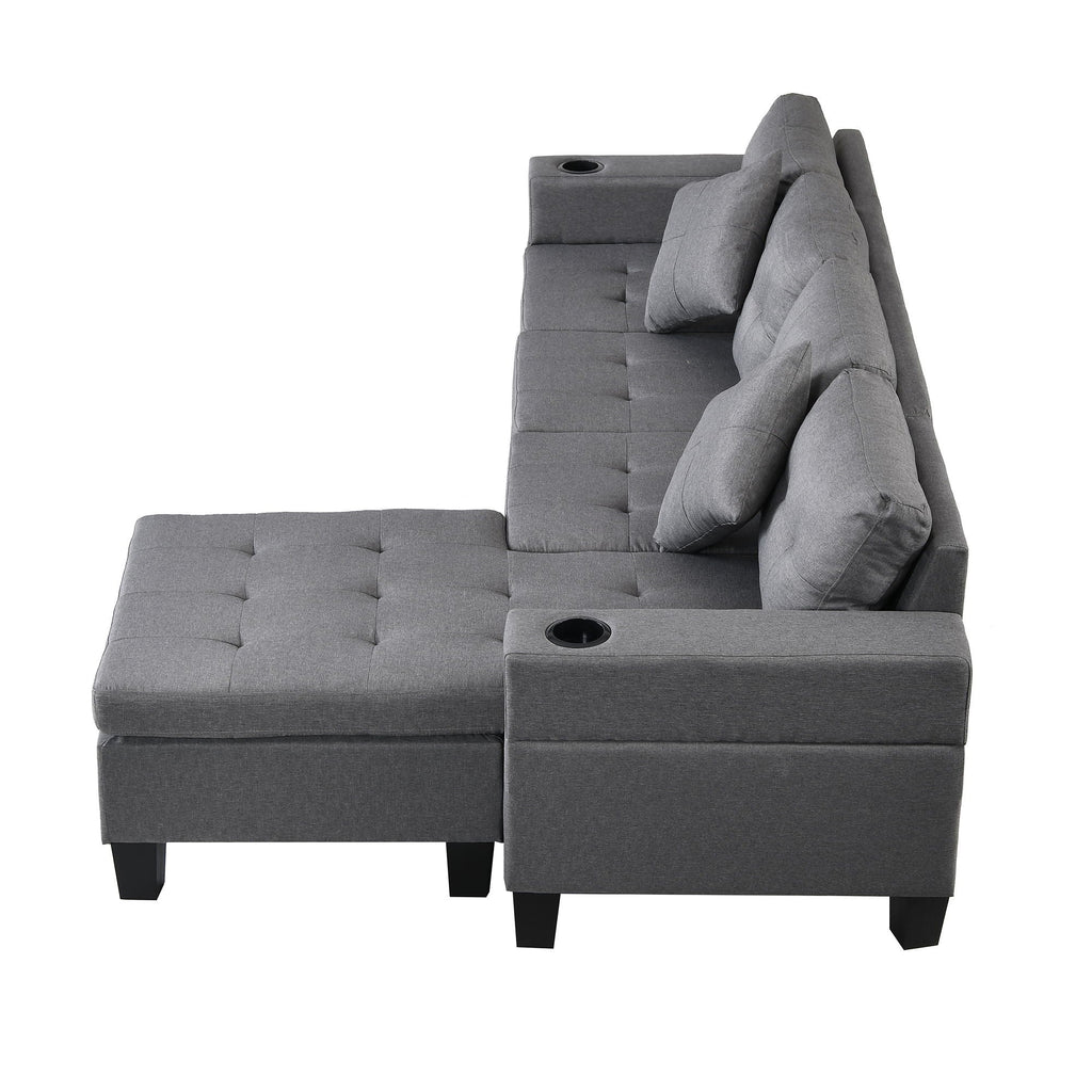 Modern Sectional Sofa Set With L Shape Chaise Lounge, Cup Holder, 4 Seat - Gray