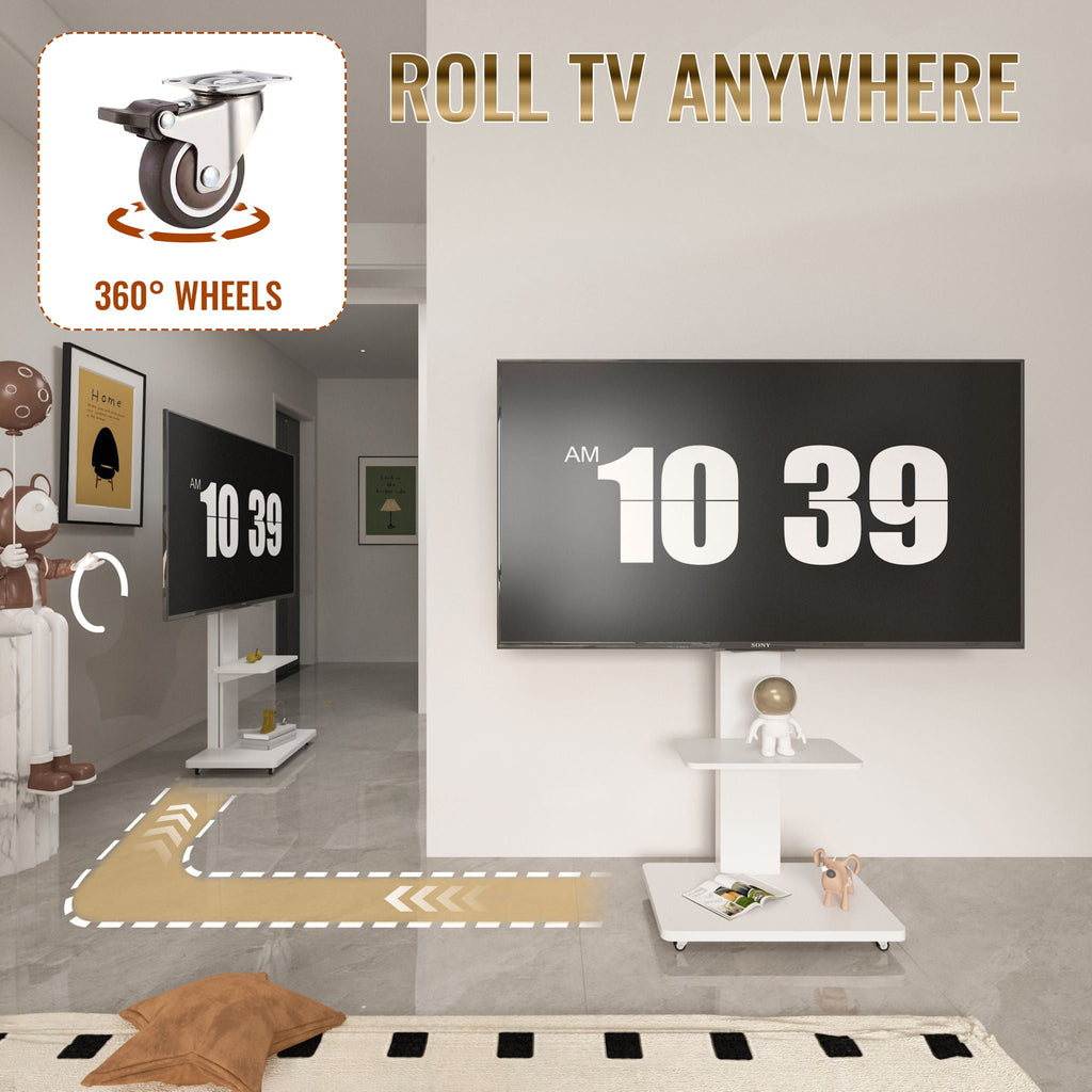 Mobile TV Stand With Shelf Floor Mount Cart For TVs With Lockable Wheels Ideal For Living Room Bedroom Or Office - White