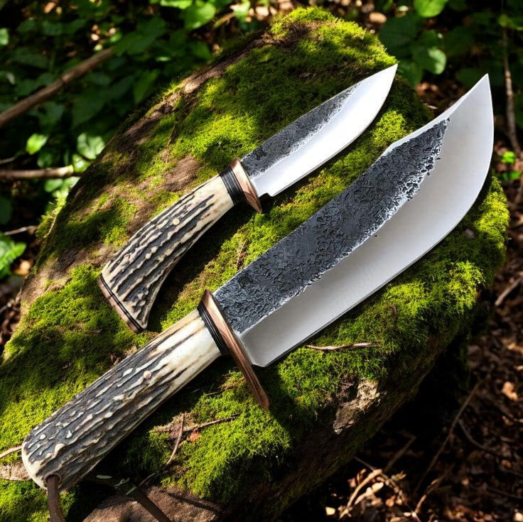 Handmade Hunter's Knife Set – 8" & 4.25" 1095 Steel Blades with Antler Handles