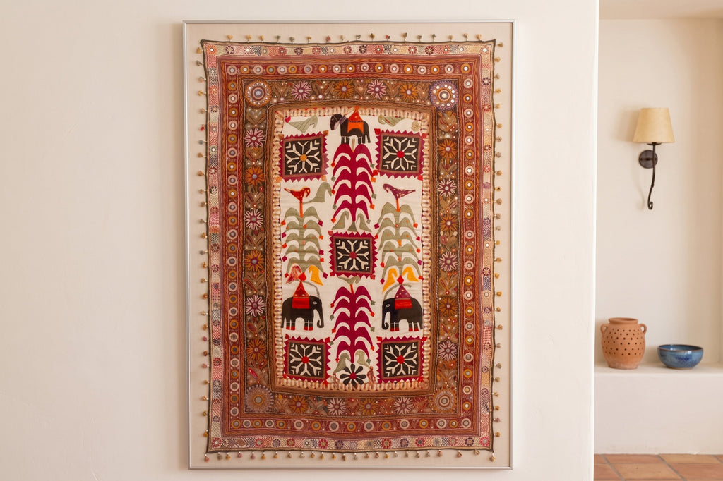 68" Tall Vintage Gujarati Framed Tapestry