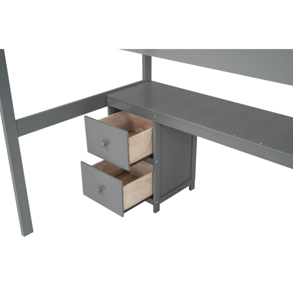 Loft Bed Frame With Built In Desk And Double Storage Drawers