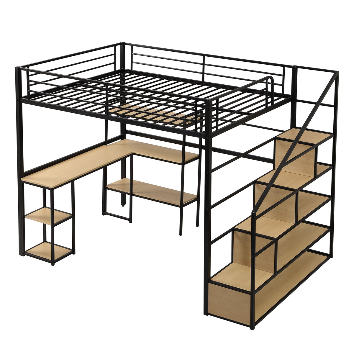 Full Size Loft Bed With Staircase, Built In Desk And Shelves And Sleeping Surface - Black