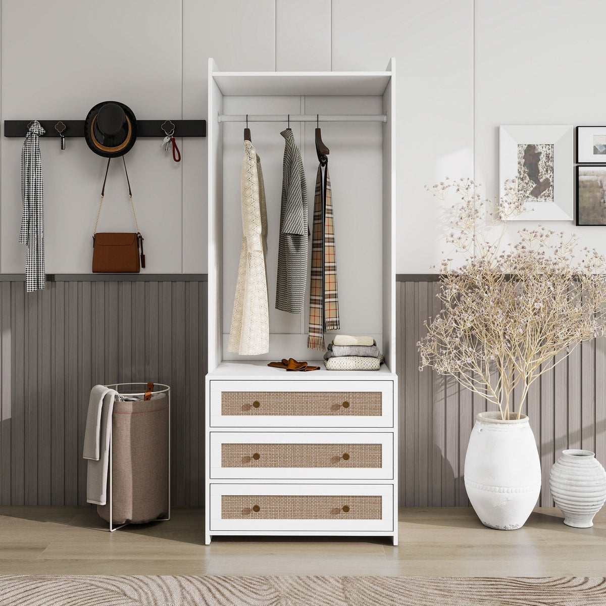 Wardrobe With 3 Drawers High Wardrobe Armoire With Rattan For Living Room Organizer - White