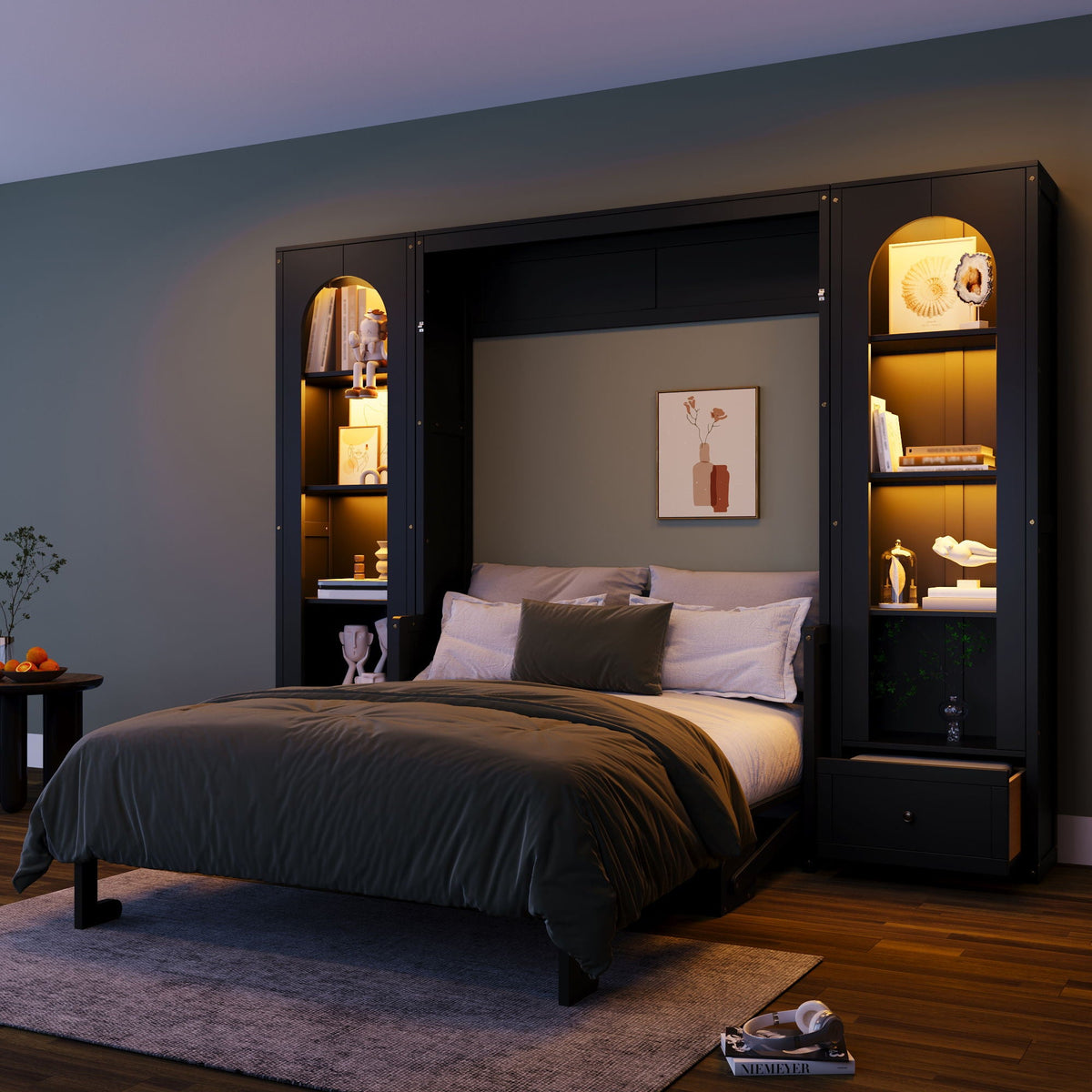 French Style Murphy Platform Bed With Shelf, Side Cabinets, Drawers And LED