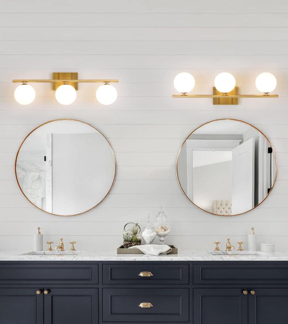 Gold Bathroom Vanity Light Fixtures,3 Lights Brass Milk White Globe