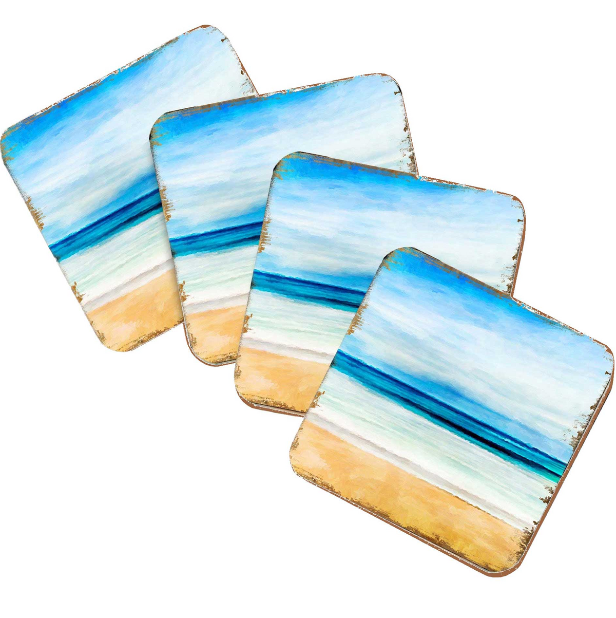 Beach Coastal Wooden Cork Coasters Gift Set of 4 by Nature Wonders - Coastal Sea-Life Decor - 95226C-S4