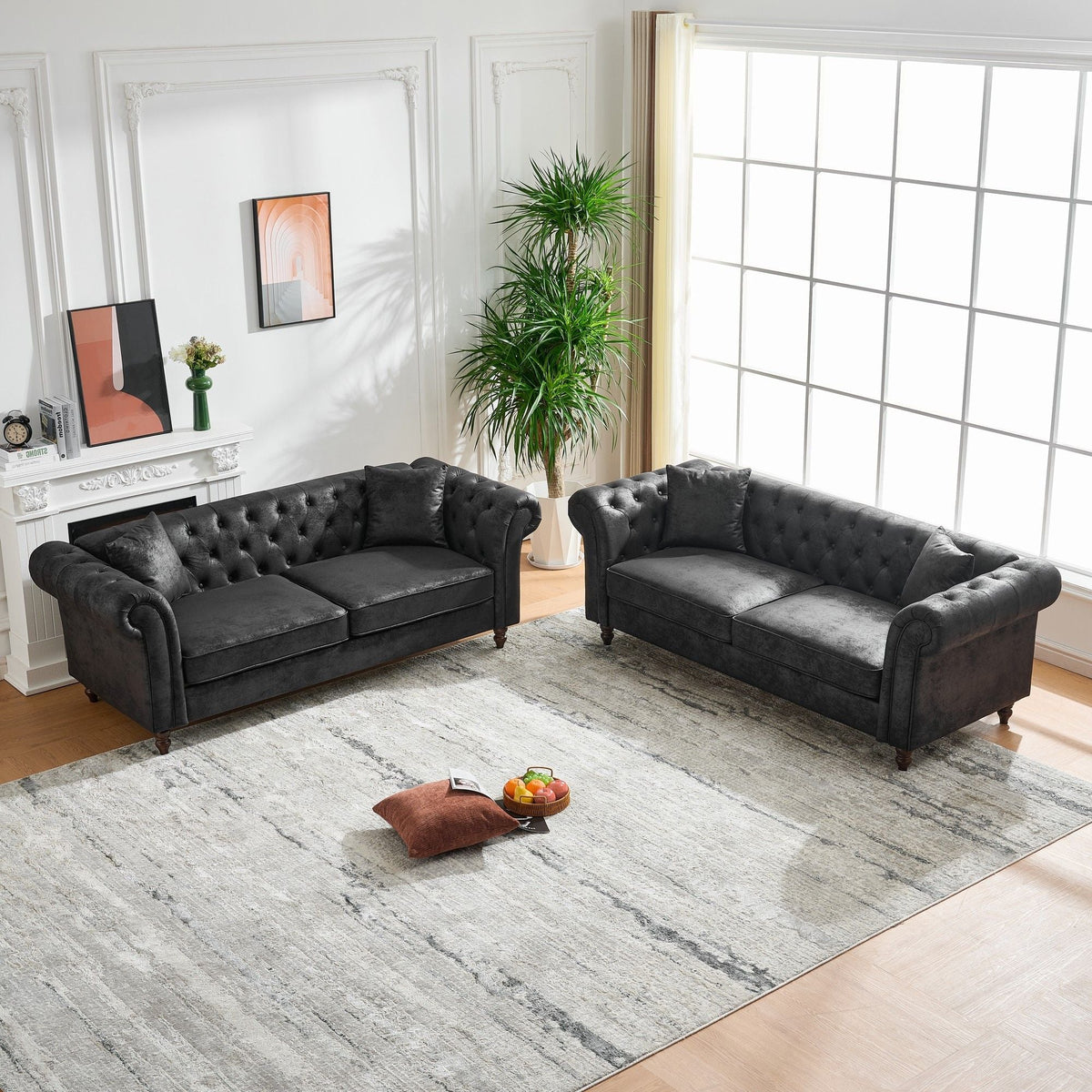 Chesterfield Sofa, High Tech Fabric Roll Armrest, 3 Seater Mid Century Modern Couch - Black