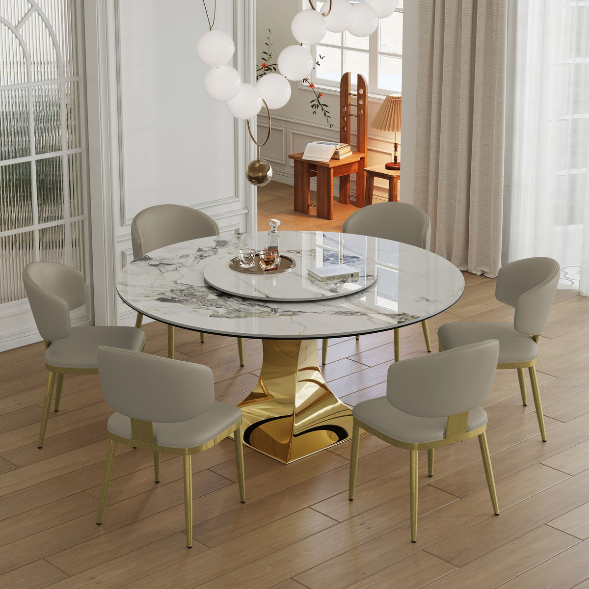 Luxury Round 59" Sintered Stone Dining Table With Stainless Steel Hourglass Base, Scratch & Heat Resistant Surface - Golden / White