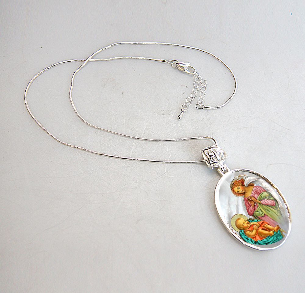 Blessing Angel with Child Silver Plated Mother of Pearl Silver Necklace - 43028