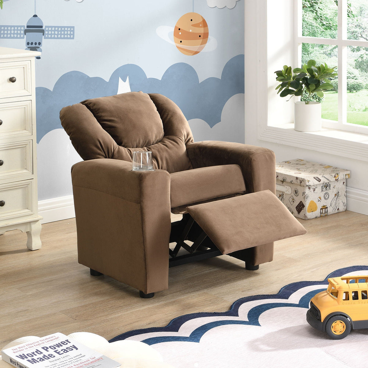 Kids Recliner Chair with Cup Holder - Brown Upholstered Couch