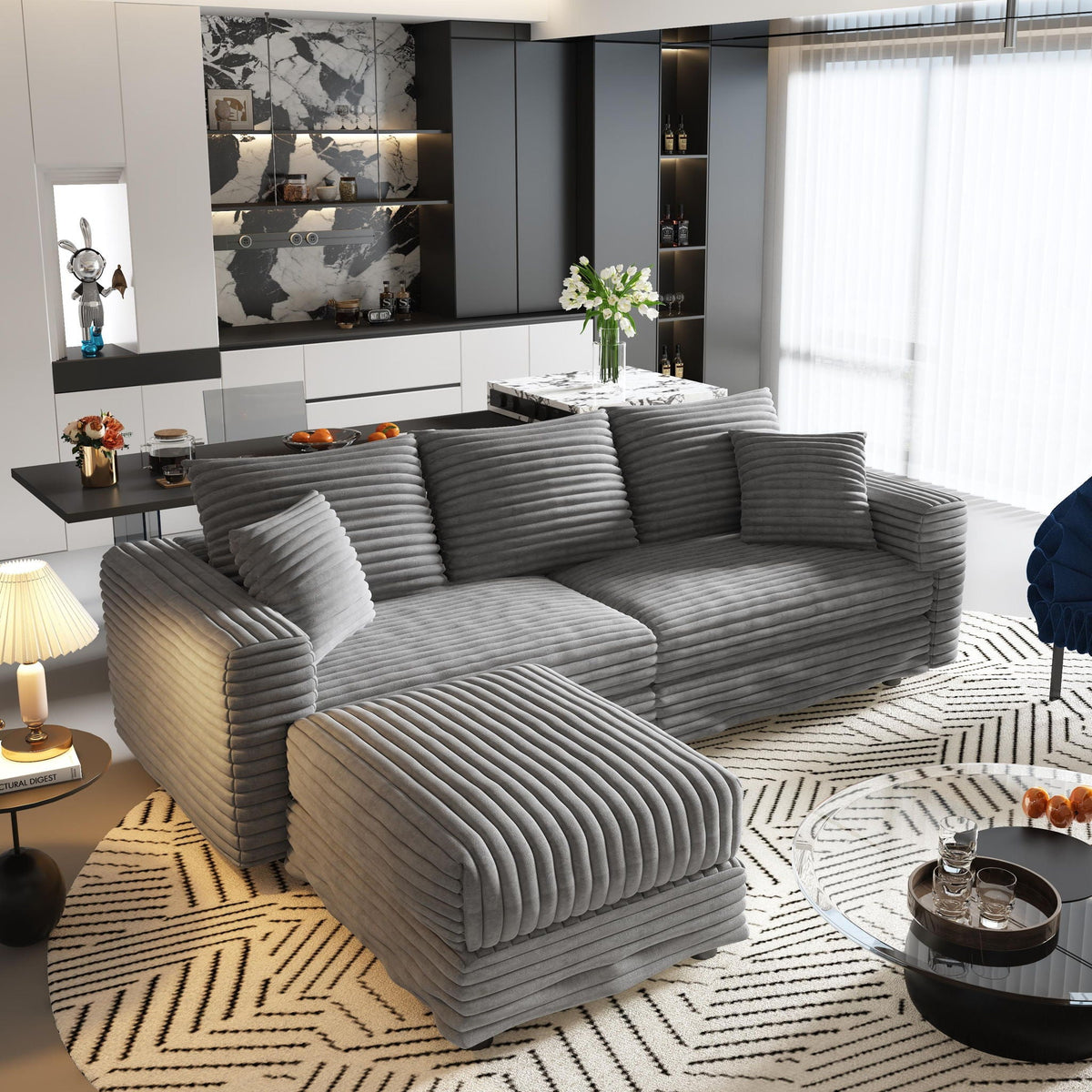 Deep Seat Convertible Sofa With Soft Pillows And Ottomans