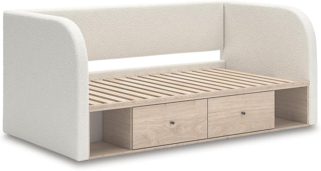 Signature Design by Ashley Shapella Boho Chic Upholstered Day Bed with 2 Storage Drawers, Foundation or Box Spring Not Needed, Full, Beige & White
