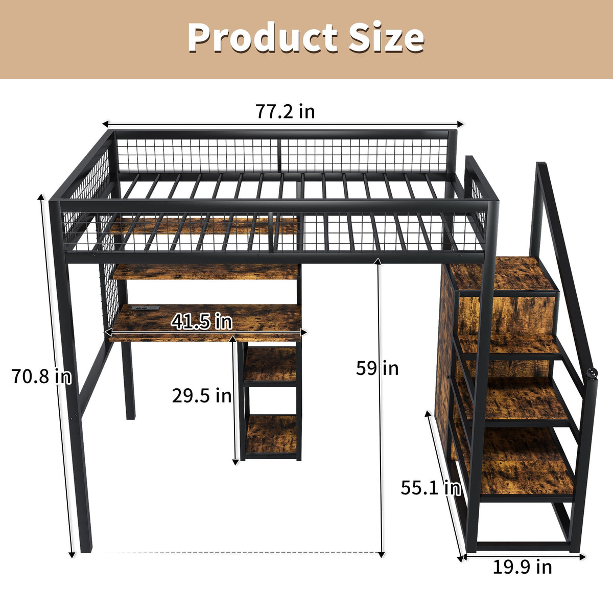 Full Size Loft Bed With Desk & Wardrobe Heavy Frame, Built In Staircase, Storage Rack & Shelves Gaming Bed - Black