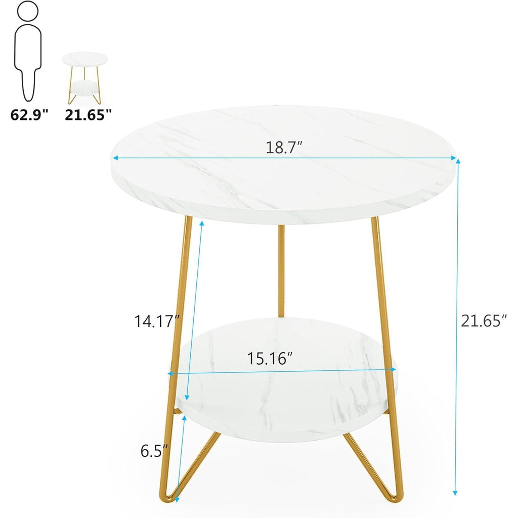 Round End Table With Hairpin Legs, 2 Tier For Living Room - White / Gold