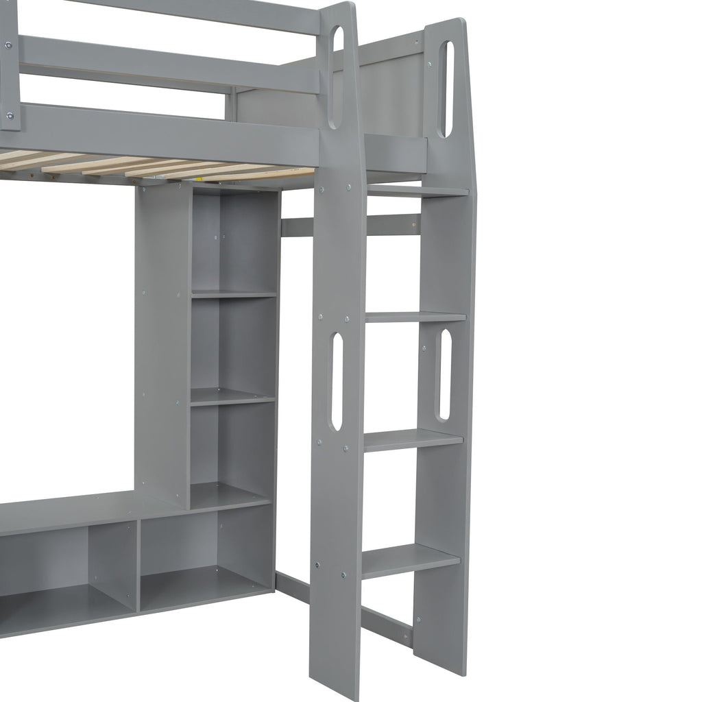 Gaming Loft Bed With Desk, Multi Storage Shelves, LED Lighting, And Hanging Clothes Rack