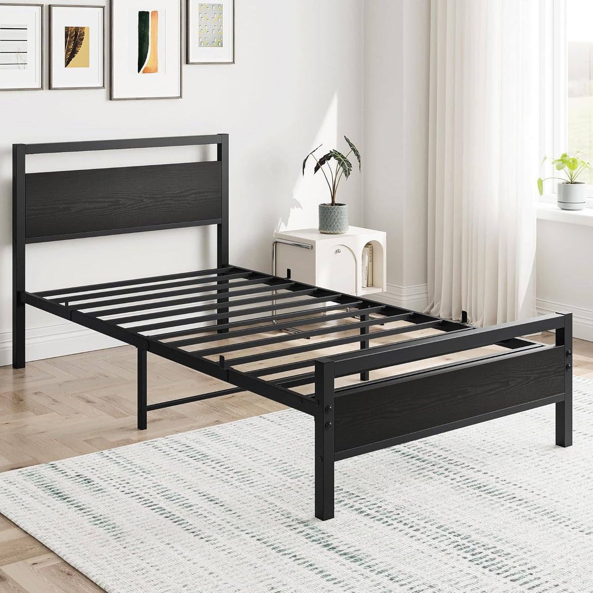 Black Twin Bed Frame with Wood Headboard,Metal Single Platform Bed Frame Twin Size No Box Spring Needed,Heavy Duty Metal Slats Support,Mattress Base,Noise Free,Easy Assembly,Black