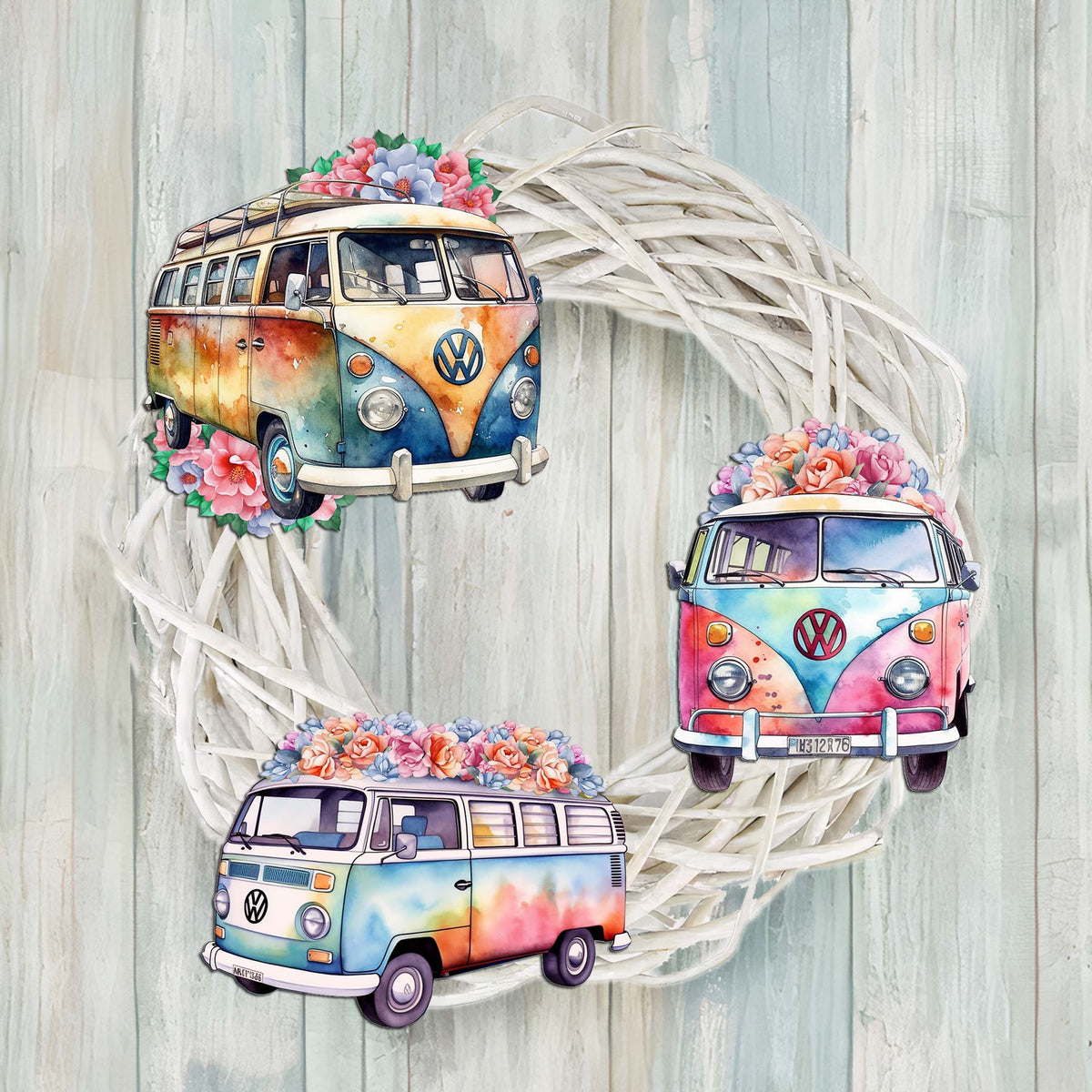 Surf Vans Clip-On Eco Wood Decorative Ornaments Set of 3 by G. Debrekht - Christmas Decor - 8091040C-S3