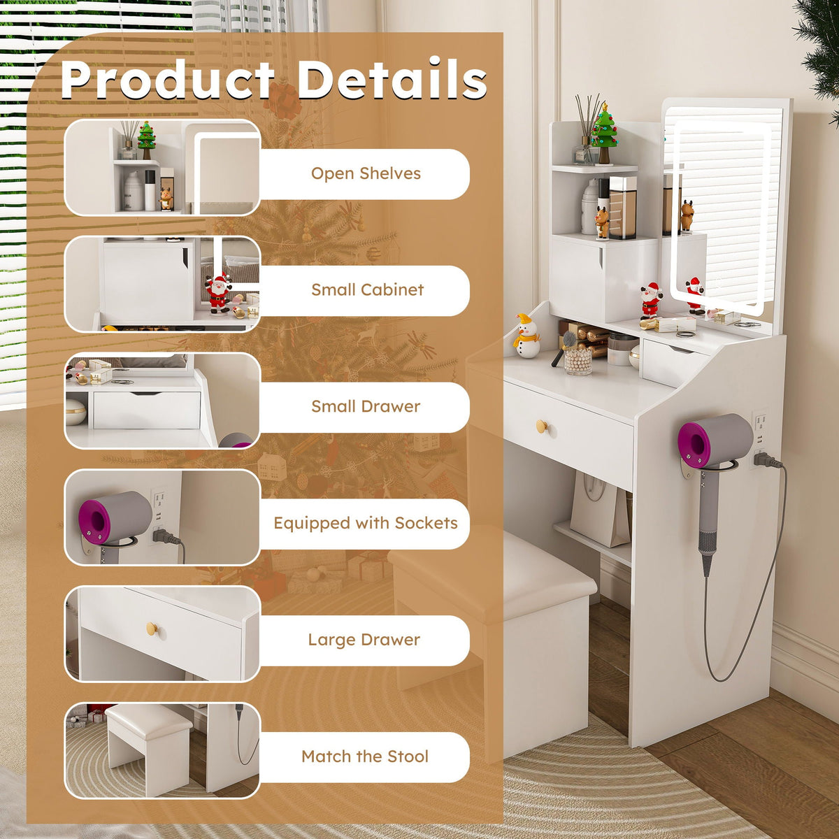 LED Vanity Mirror With Stool, 2 Drawers & 5 Storage Cabinets, Adjustable Lighting Mdf Dressing Table For Bedroom - White