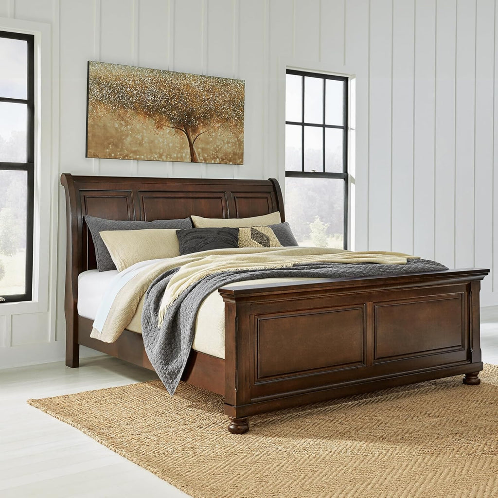 Signature Design by Ashley Porter Traditional King Sleigh Bed with Bun Feet, Foundation or Box Spring Needed, Dark Brown