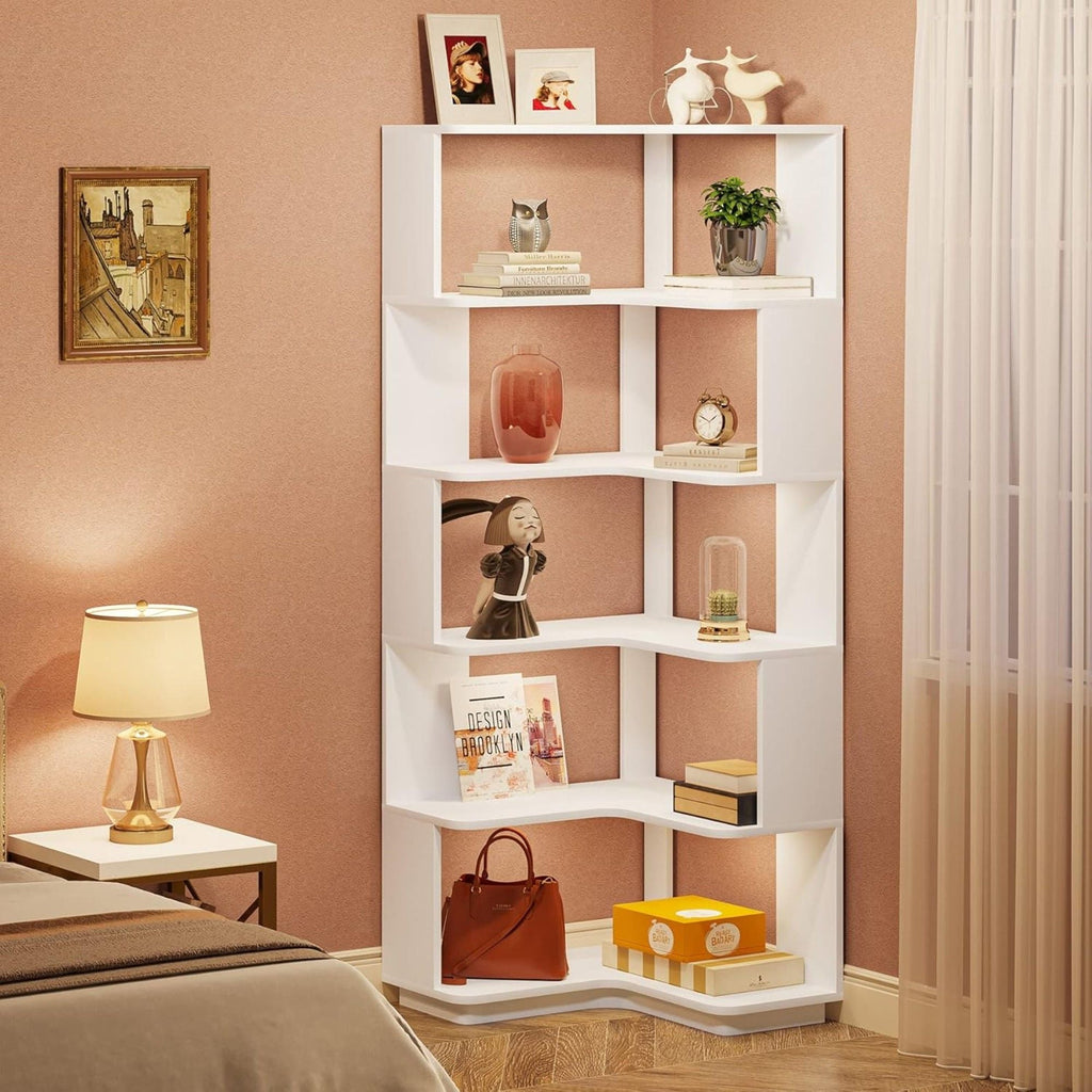 6 Tier Corner Bookshelf, L-Shaped Freestanding Shelf With Anti Drop Panels