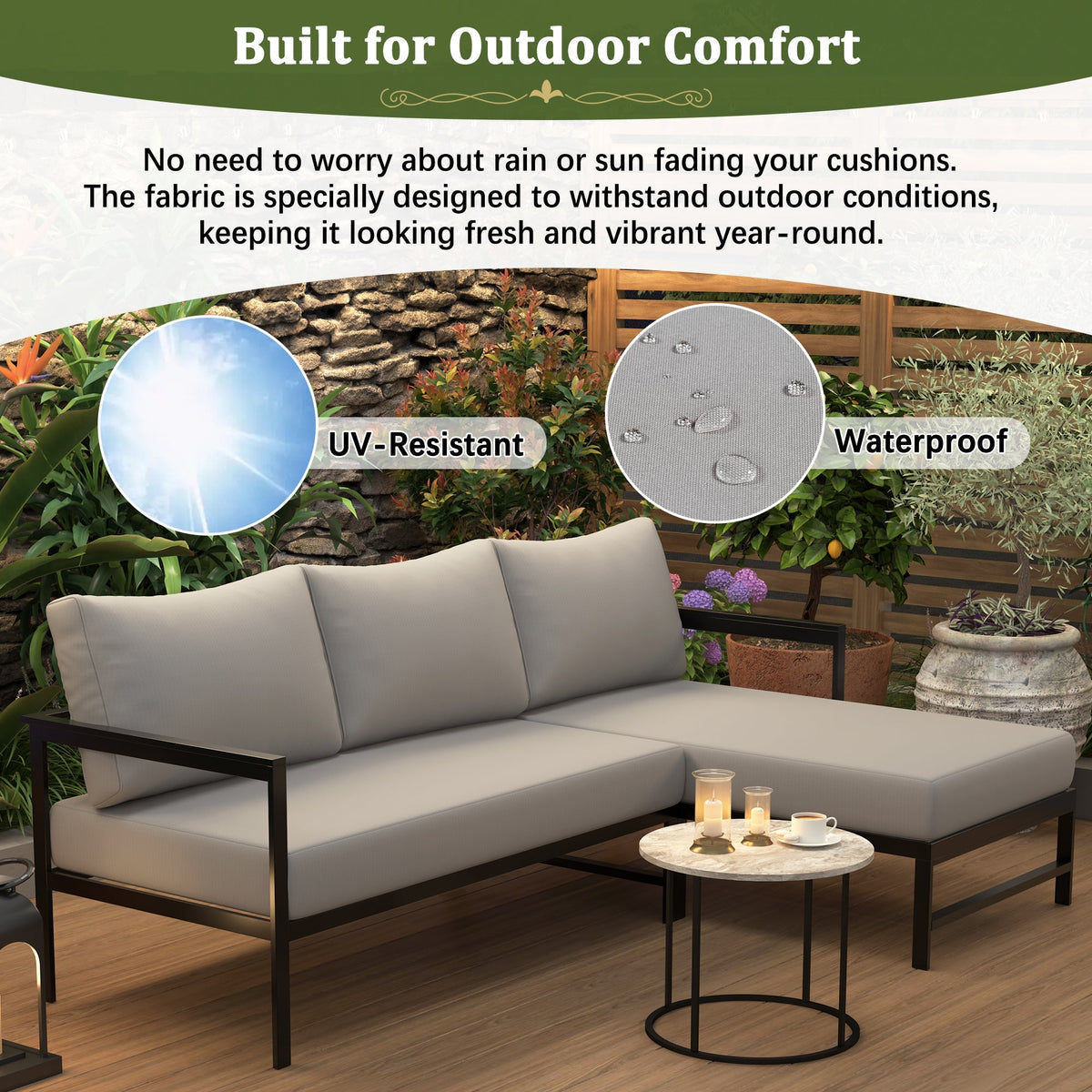 U_style Outdoor L-Shaped Sofa with Iron Frame and Ultra-Thick Cushions