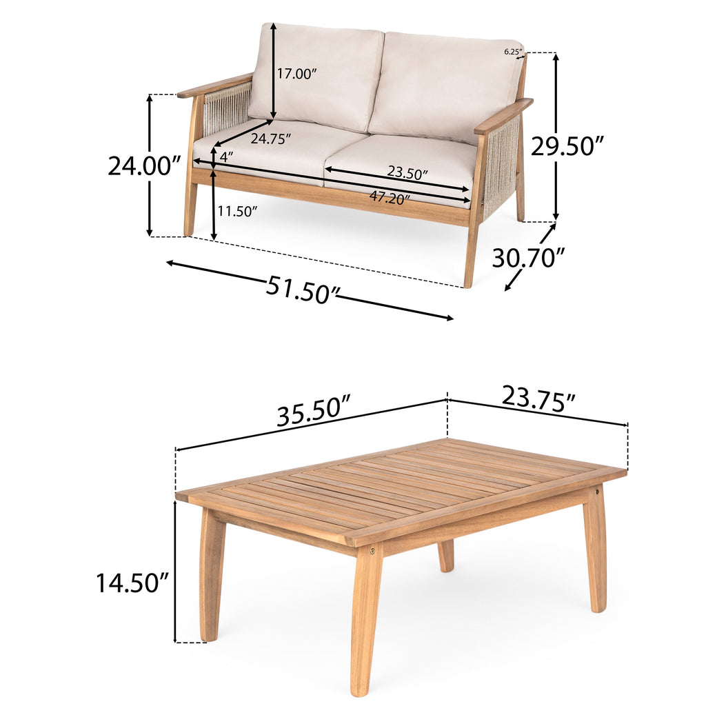 Outdoor 2pc Acacia Wood and Rope Patio Chat Set