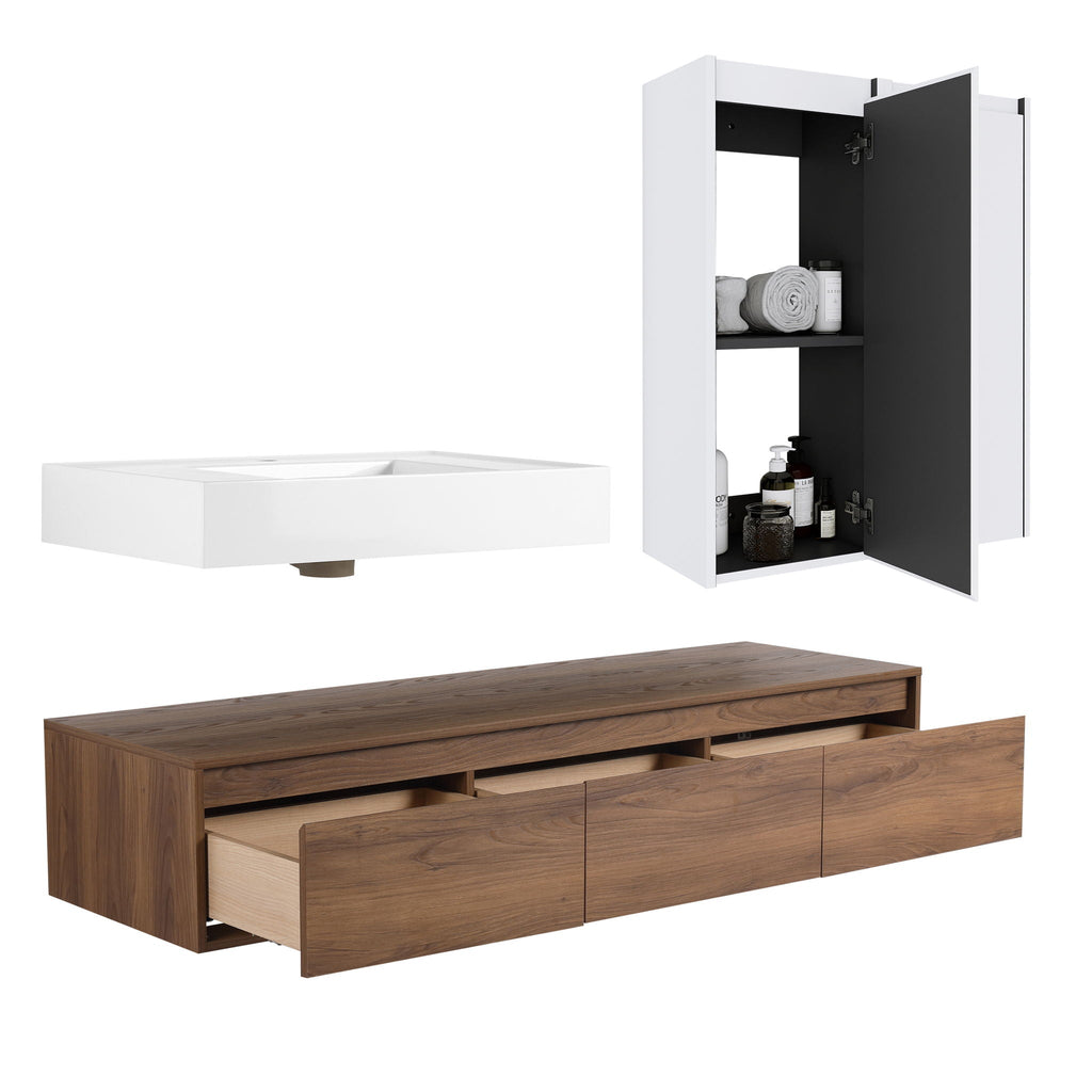 Wall Mounted Bathroom Vanity With Resin Sink And 2 Side Cabinet, 3 Soft Close Drawer - Brown Ebony