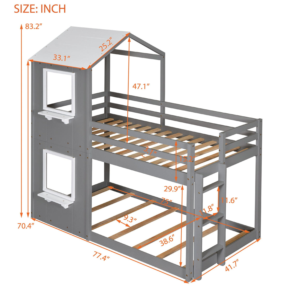 Bunk Bed Wood Bed & Roof, Window, Guardrail, Ladder