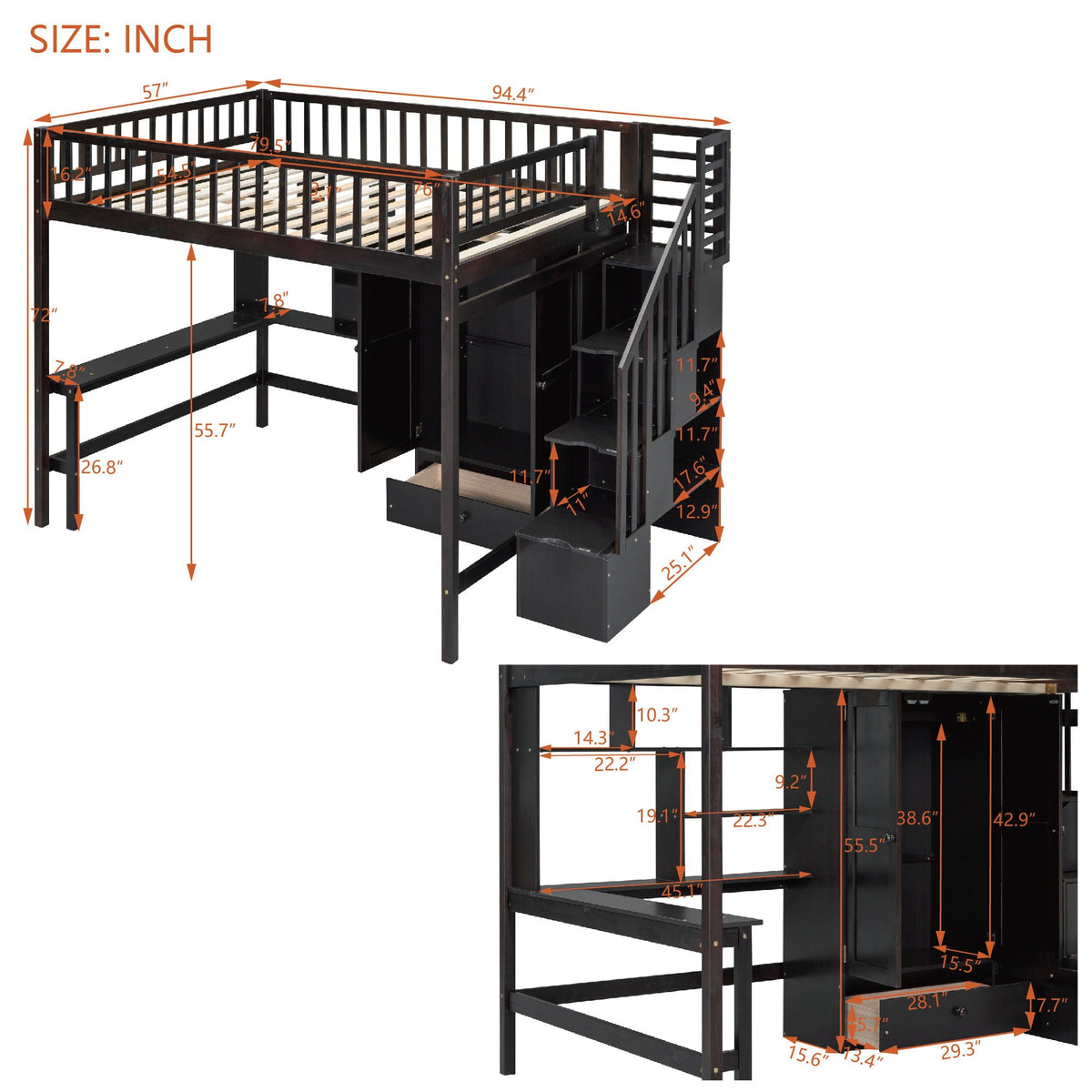 Loft Bed With Bookshelf, Drawers, Desk, And Wardrobe