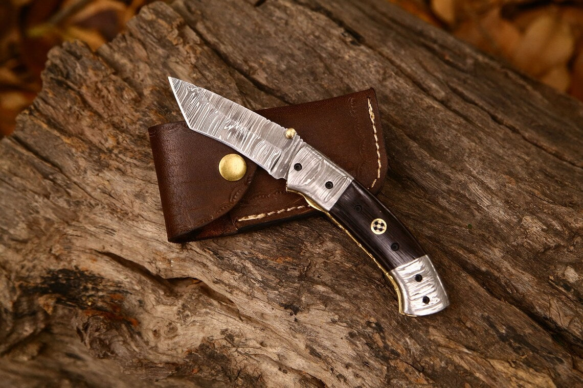 Custom Handmade Damascus Steel Tanto Blade EDC Folding Pocket Knife | 3-Inch Blade, Wenge Wood Handle, Leather Case | Groomsman Gift