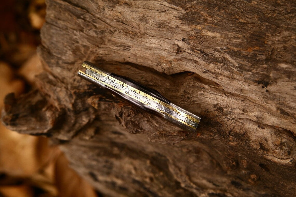 Custom Handmade Damascus Steel EDC Folding Pocket Knife – 3-Inch Blade, Sheep Horn Handle, Leather Case – Perfect Wedding Gift by KBS Knives