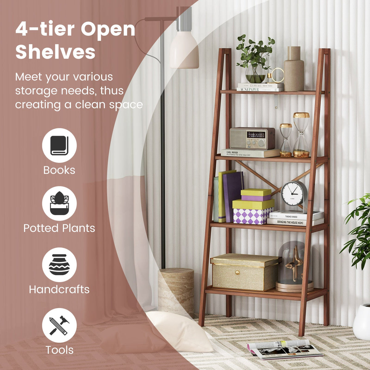4-Tier Bamboo Ladder Bookshelf 58 Inch - Walnut