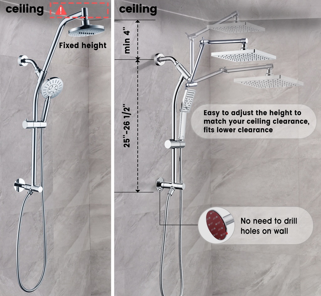 Rainfall Shower Head with Handheld Set-Solid Brass Slide Bar,Holder, Extension Arm and 60" Hose