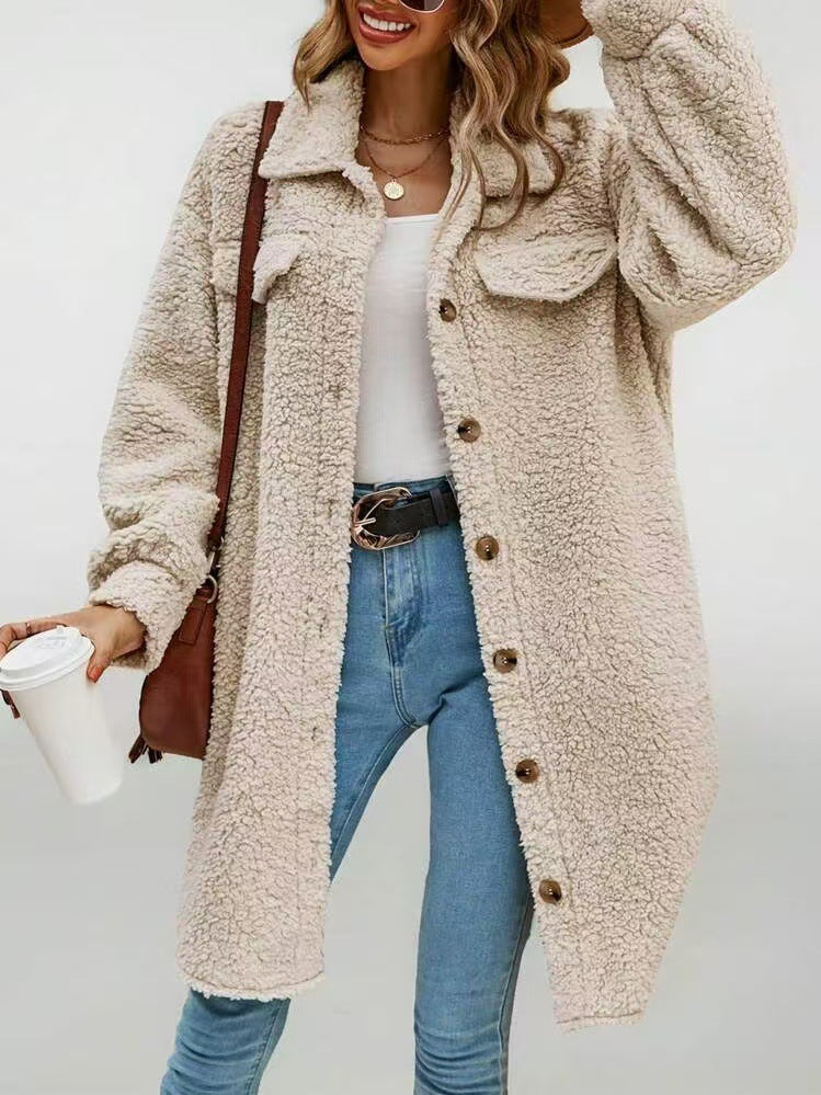 Women's Teddy Bear Plush Mid-Length Hooded Faux Fur Coat