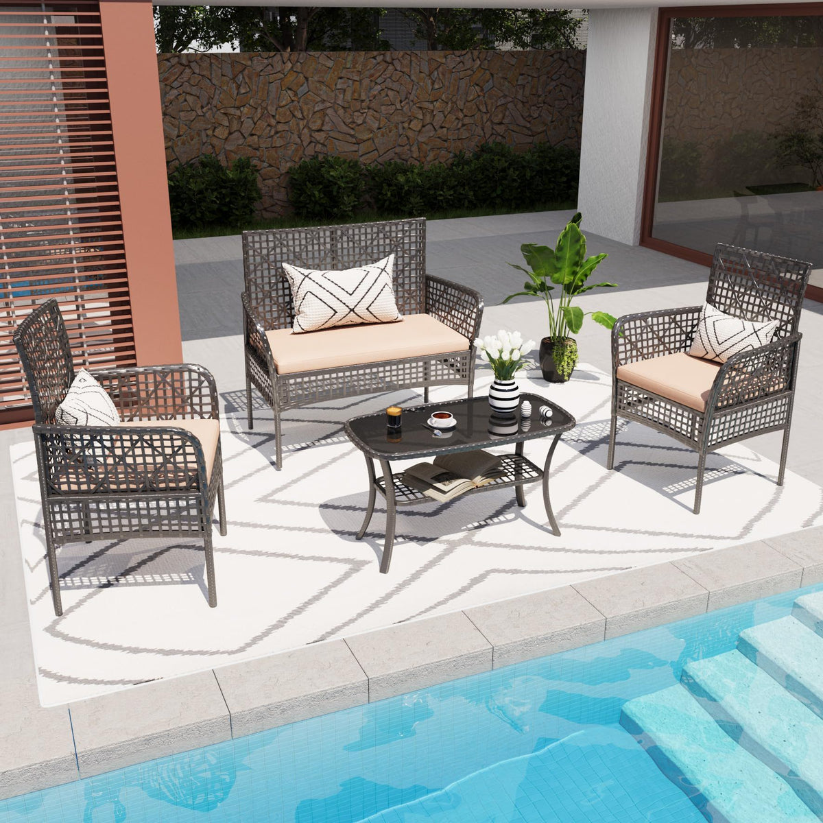 4 Pieces Rattan Wicker Chairs With Tempered Glass Table And Cushions