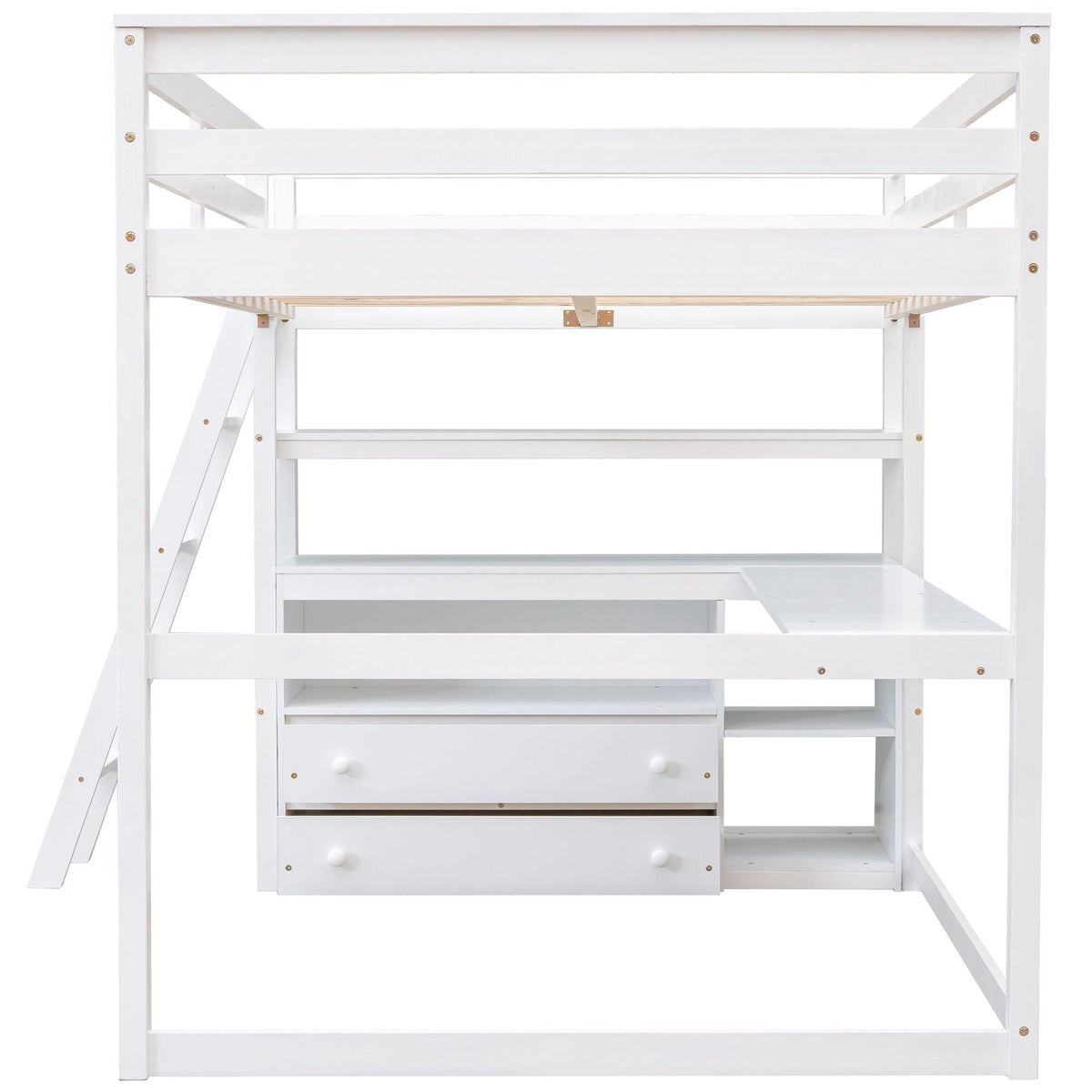 Modern Loft Bed With Built In Desk, Shelves, And 2 Drawers