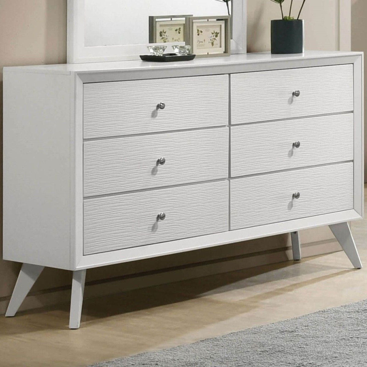 Dresser With Mirror, Angled Legs, Round Knobs - White