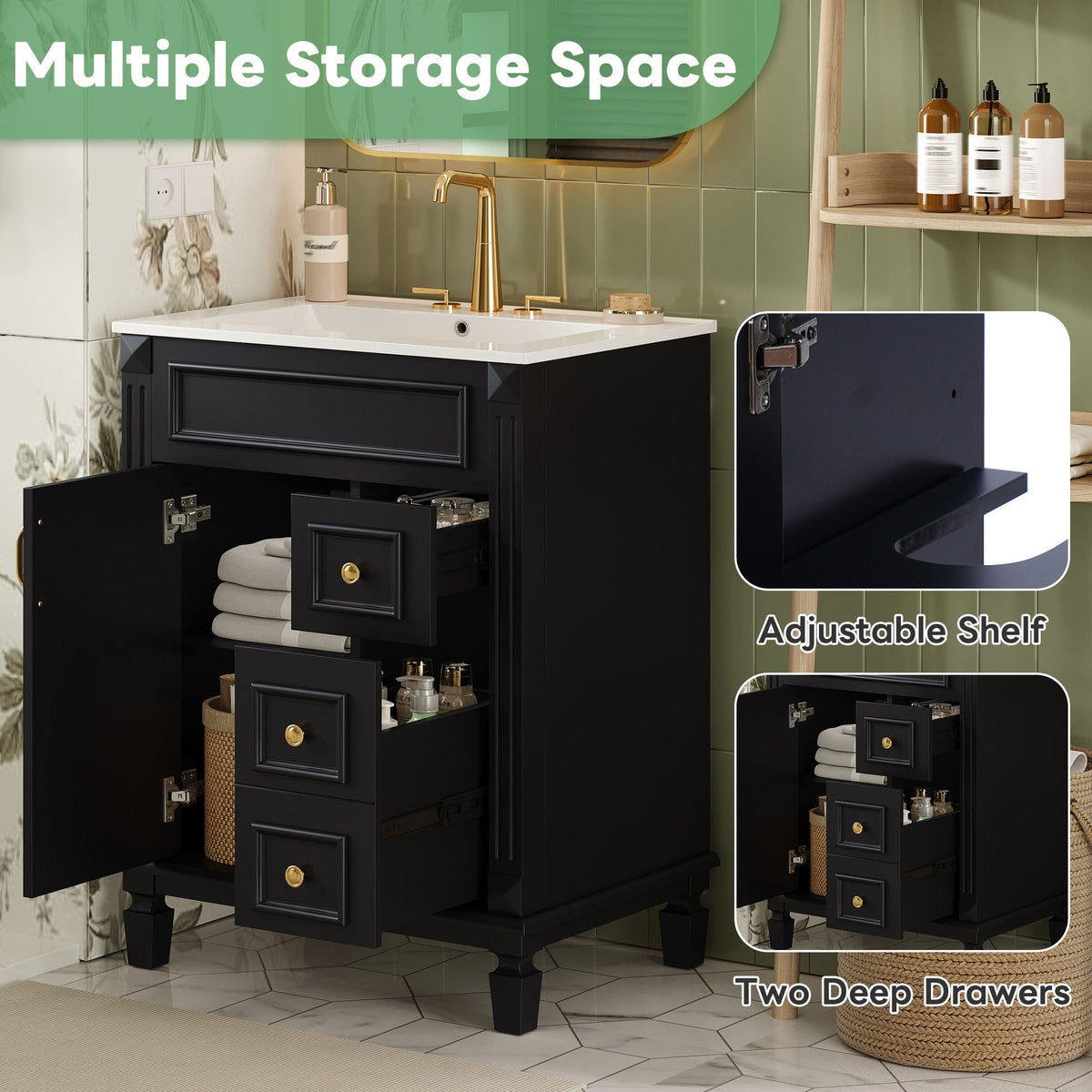 Bathroom Vanity With Sink, Compact Cabinet & 2 Drawers And Adjustable Shelf