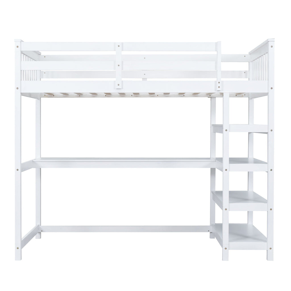 Loft Bed With Storage Shelves And Under Bed Desk
