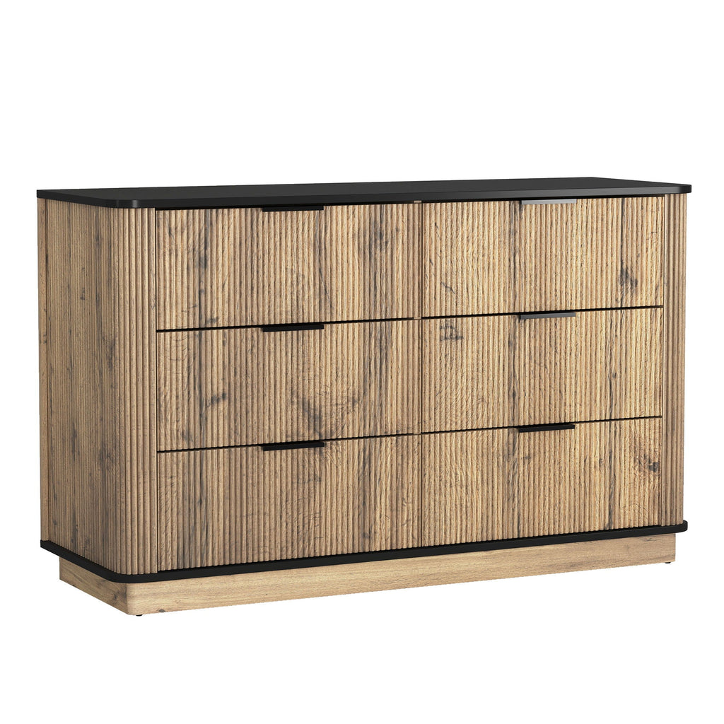 Modern 6 Drawer Cabinet With Metal Rounded Corners And Exquisite Handles Multi Functional Storage - Natural Wood