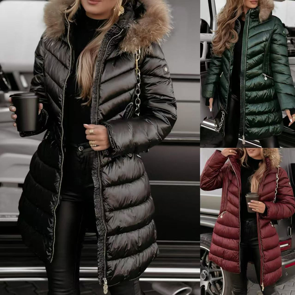 Mid-length Large Fur Collar Fashionable Slim-fit Cotton Coat Winter Jacket