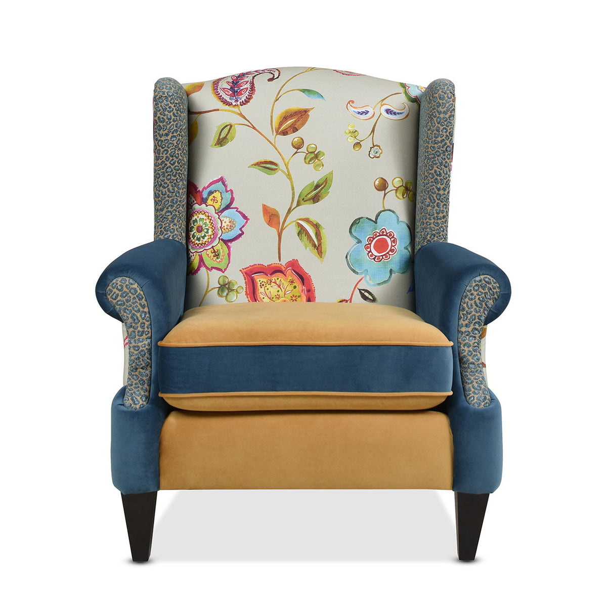 Anya - Boho Chic Wingback Accent Arm Chair - Floral / Leopard / Blue Teal / Yellow Gold