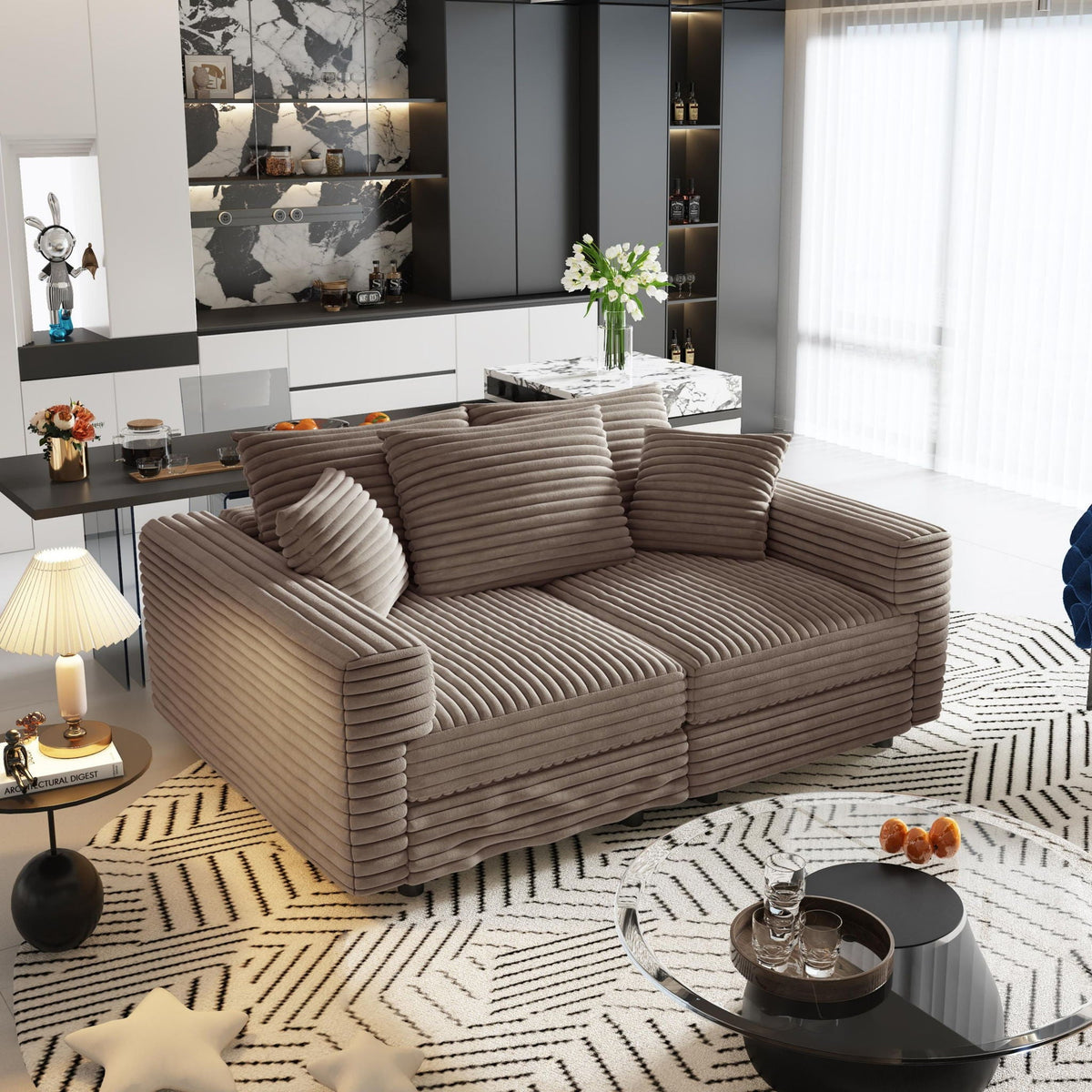 Deep Seat Convertible Sofa With Soft Pillows And Ottomans