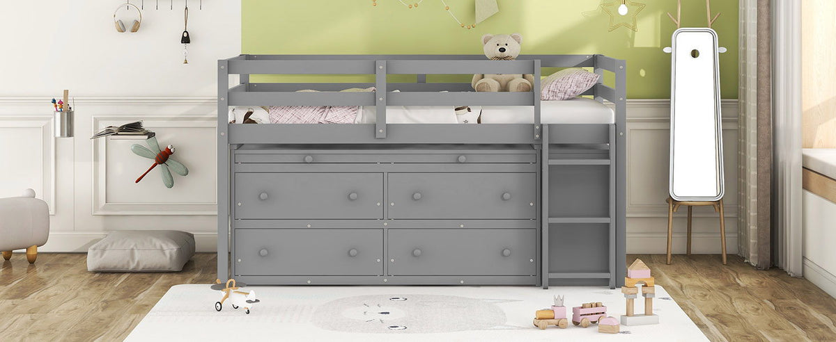 Loft Bed With Retractable Writing Desk And 4 Drawers, With Lateral Portable Desk And Shelves