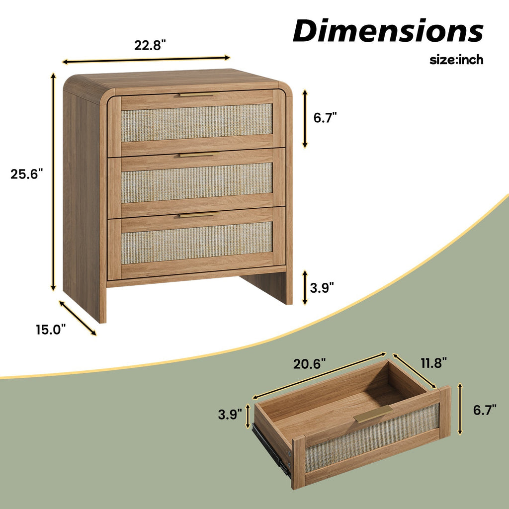 Rattan Nightstand Set of 2 with 3 Drawers in Caramel Oak