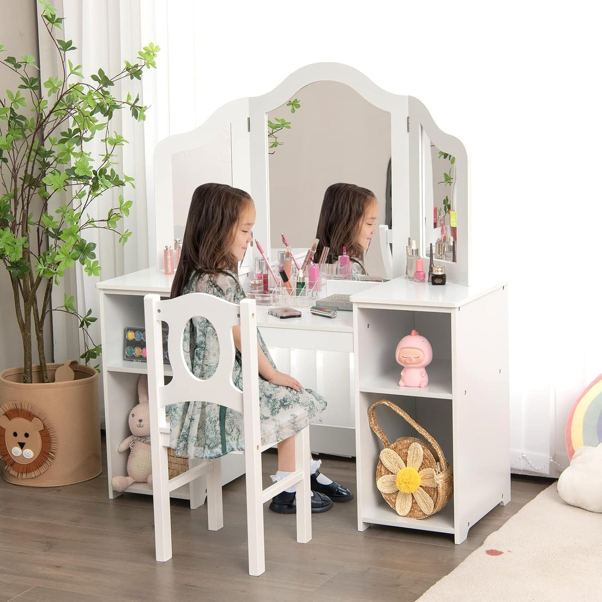 Kids Vanity, 2 in 1 Princess Makeup Desk & Chair Set with Tri-Folding Detachable Mirror, Large Storage Shelves, Wooden Pretend Play Dressing Table for Girls