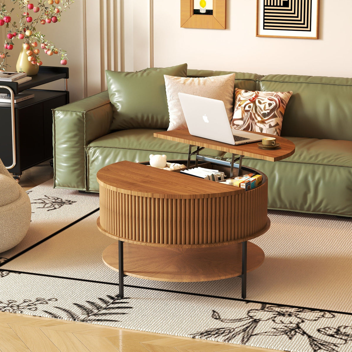 Lift Top Coffee Table with Round Storage and Reinforced Legs - Brown