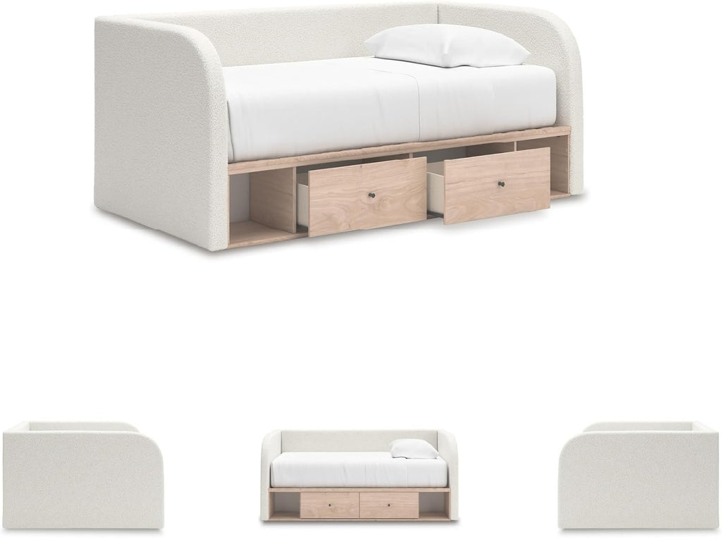 Signature Design by Ashley Shapella Boho Chic Upholstered Day Bed with 2 Storage Drawers, Foundation or Box Spring Not Needed, Full, Beige & White